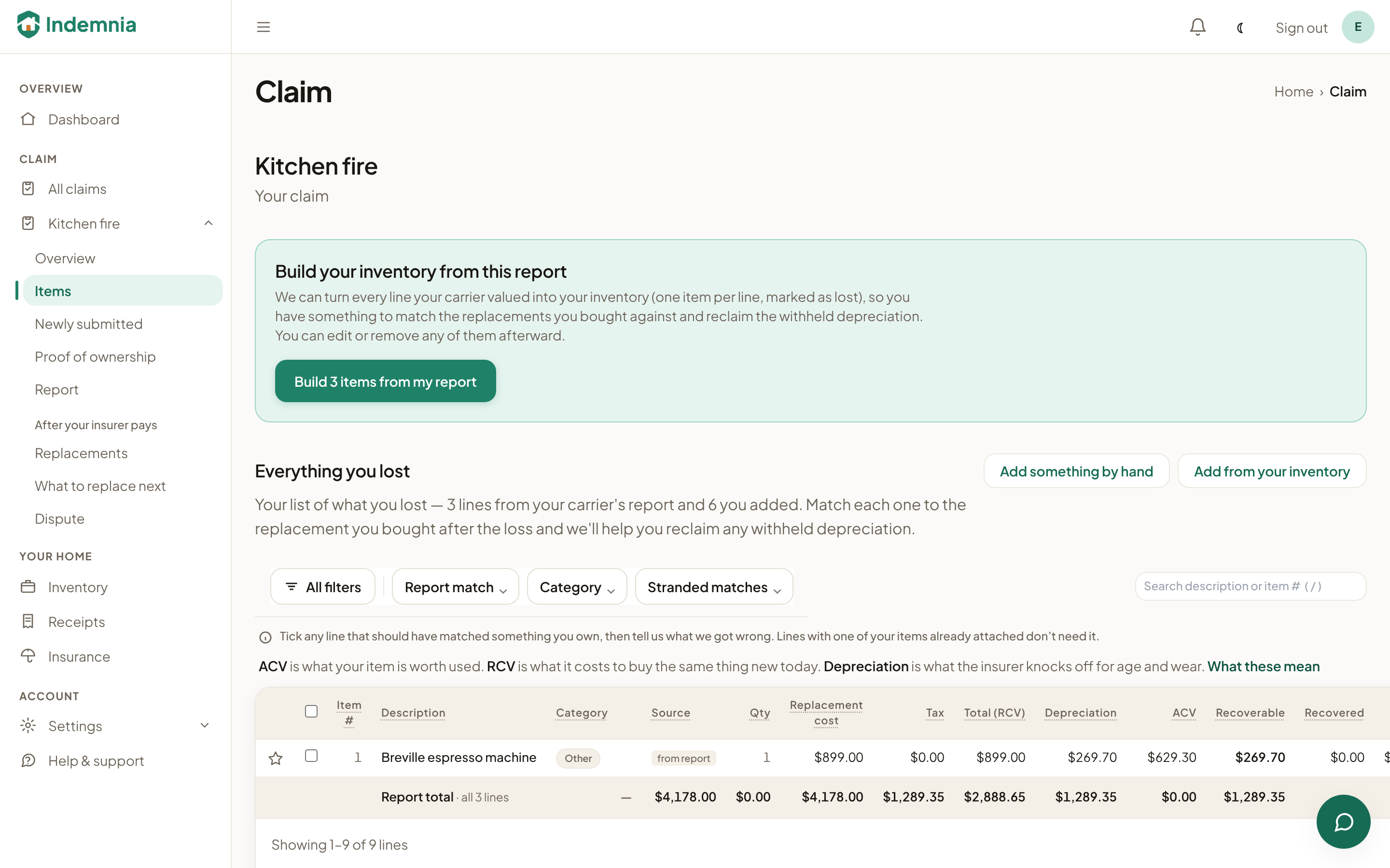A claim showing what the carrier withheld as depreciation and what replacing each item recovers