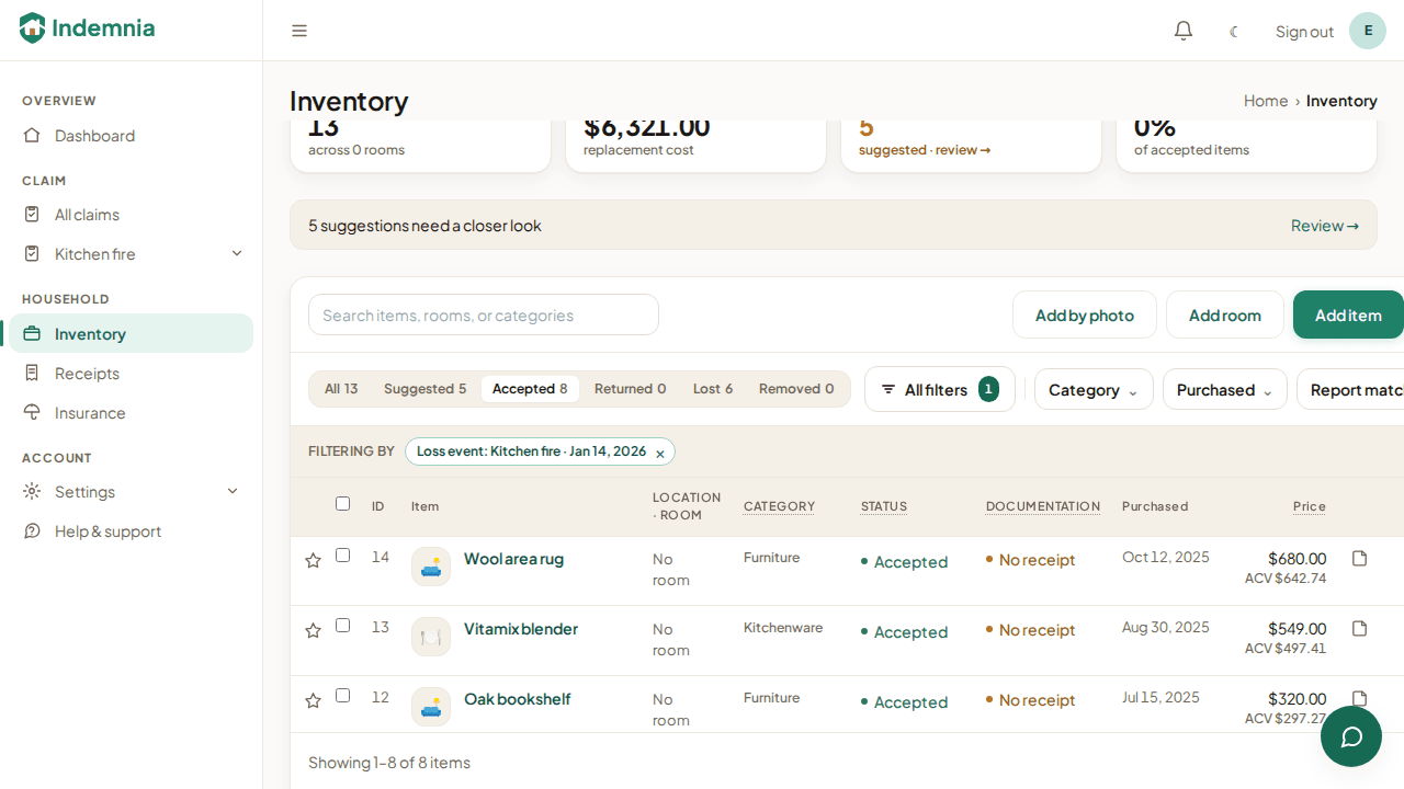 A household inventory listing items with their category, purchase date and value