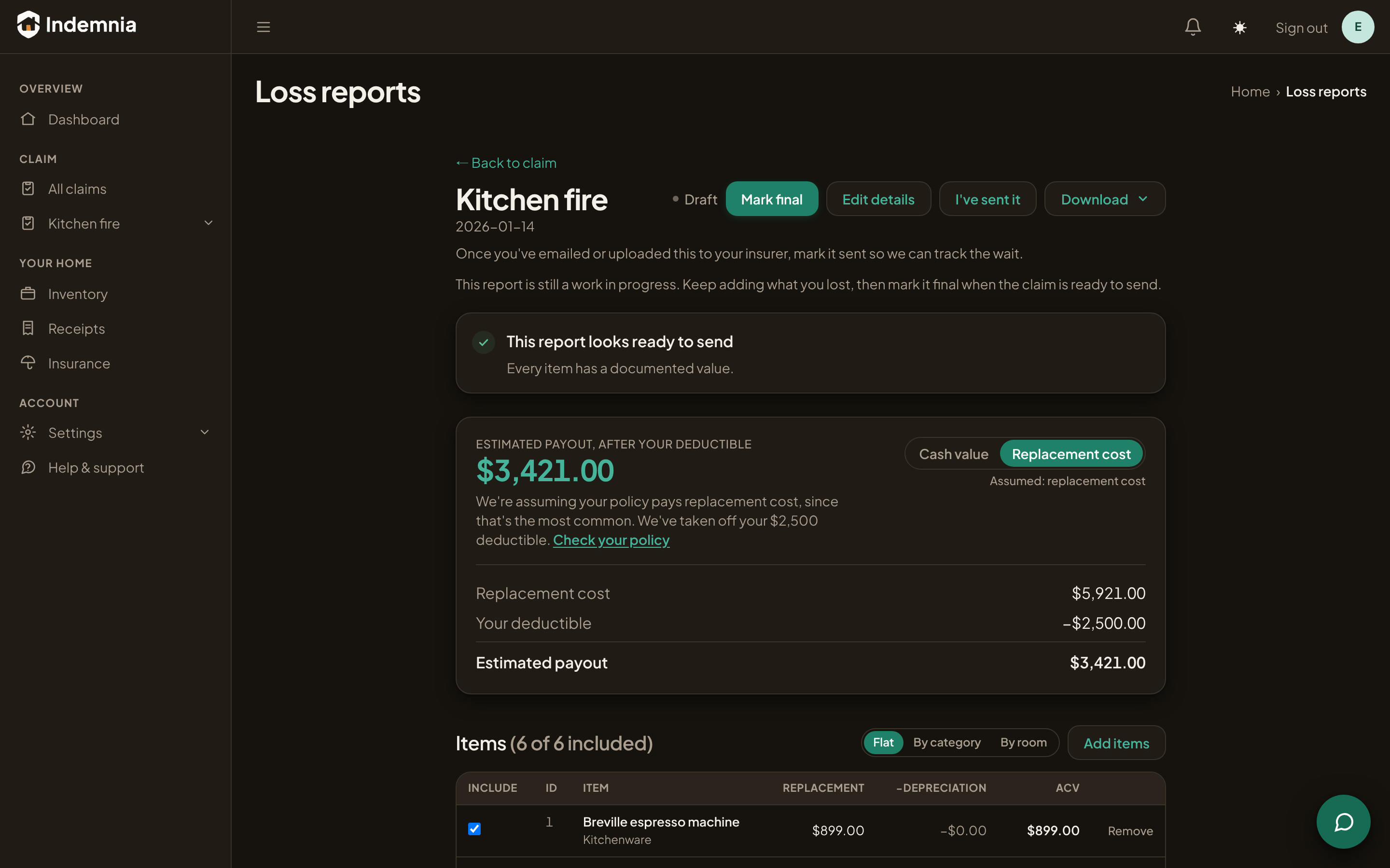 A loss report listing items with replacement cost, depreciation and actual cash value, each line carrying the receipt that proves it