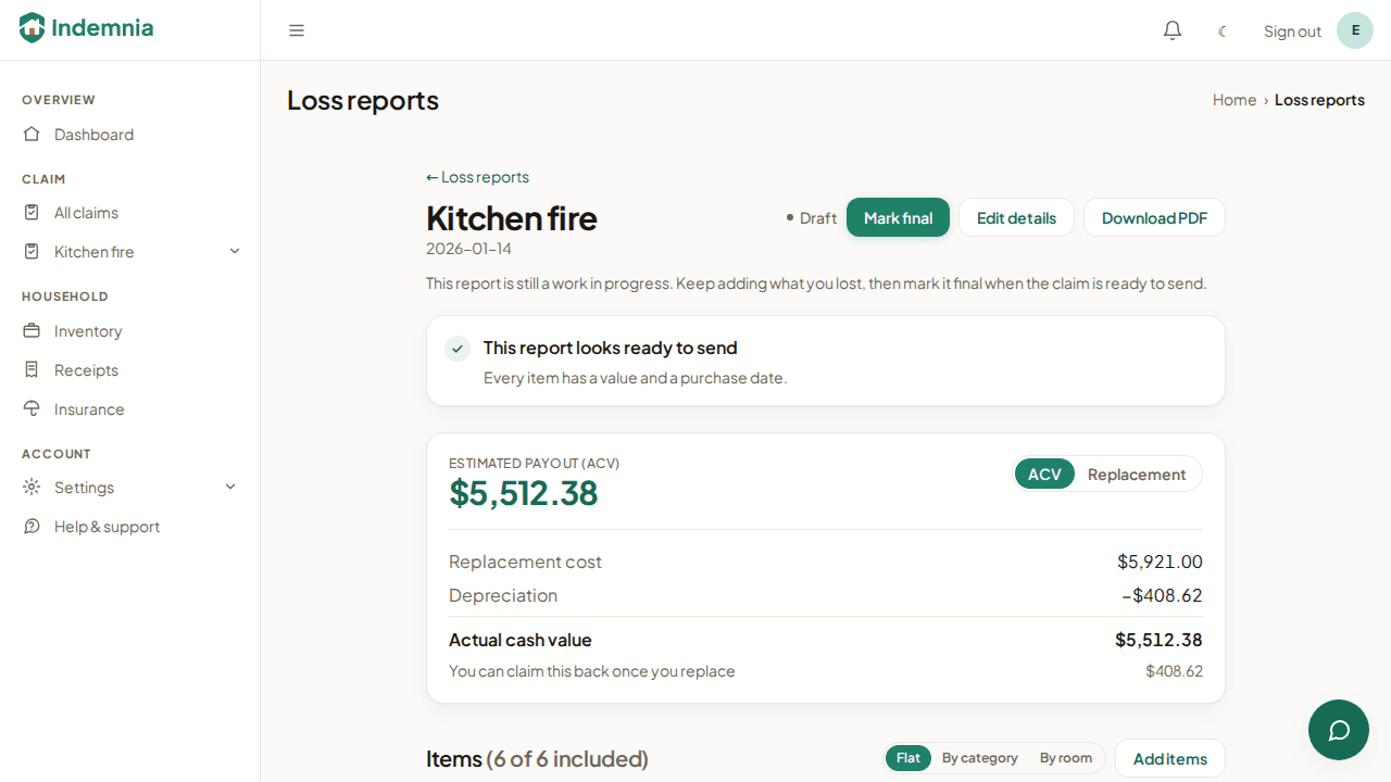 A loss report listing items with replacement cost, depreciation and Actual Cash Value